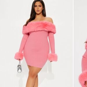 So Purrfect Sweater Faux Fur Shoulder 3X Mini Dress - Pink
